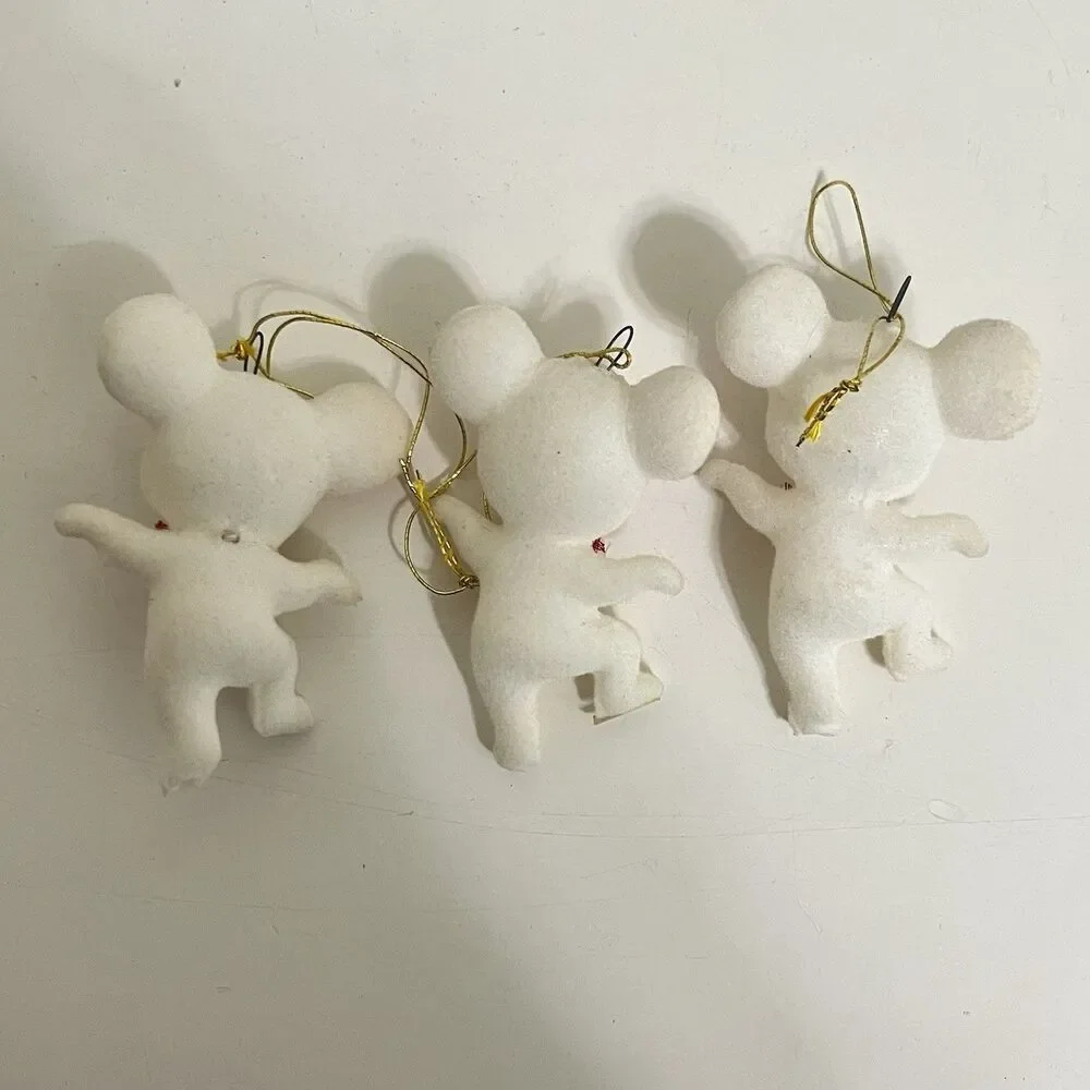 Vintage White Flocked Christmas Ornamants Japan Red Gingham Bear Mouse Elephant
